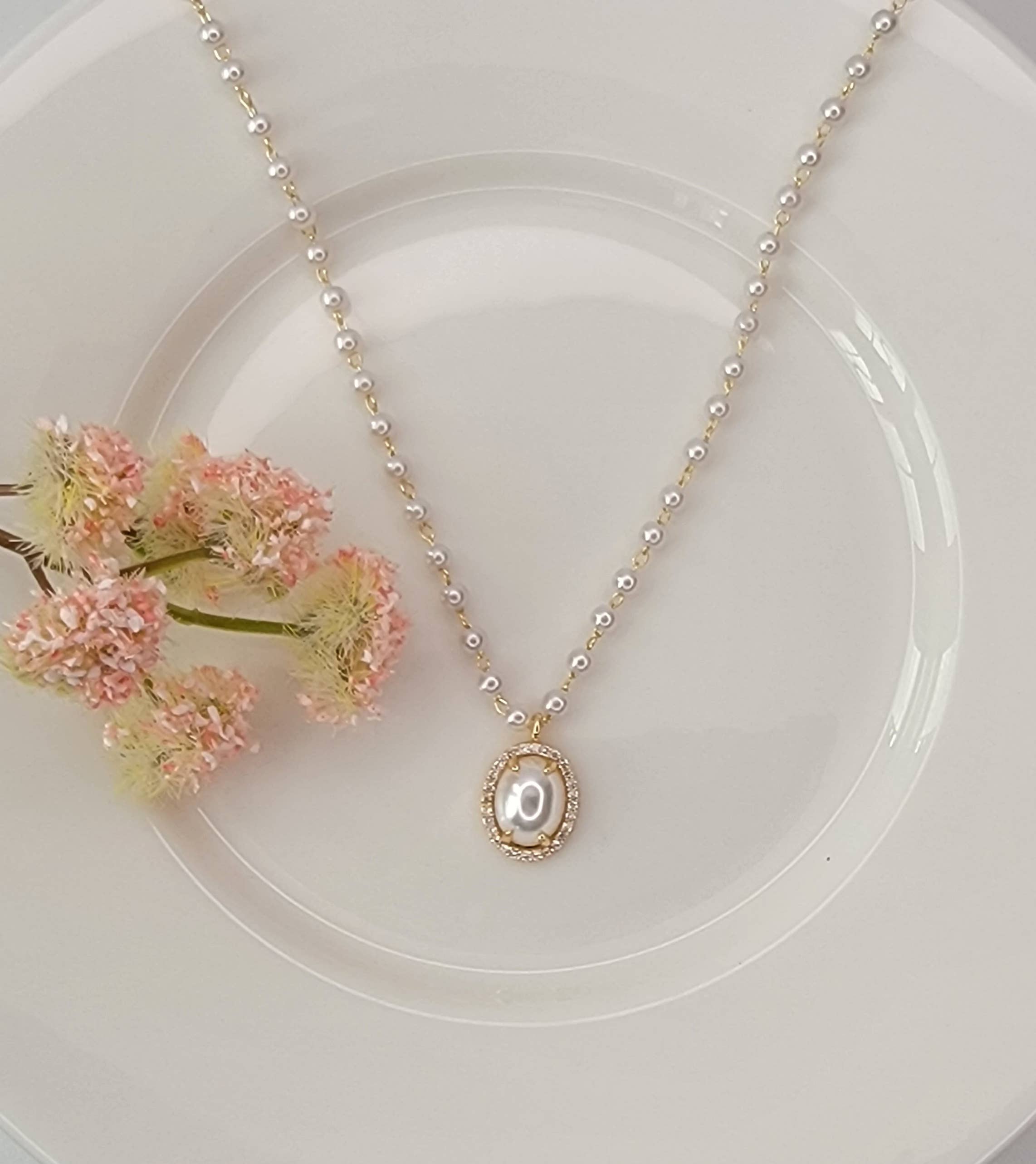 Pearl Charm w/ CZ Pendant Necklace