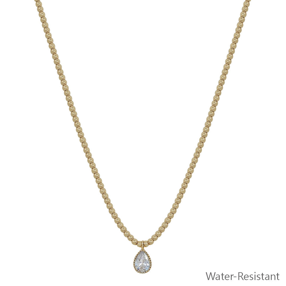 Gold Beaded Chain with Teardrop Rhinestone Necklace