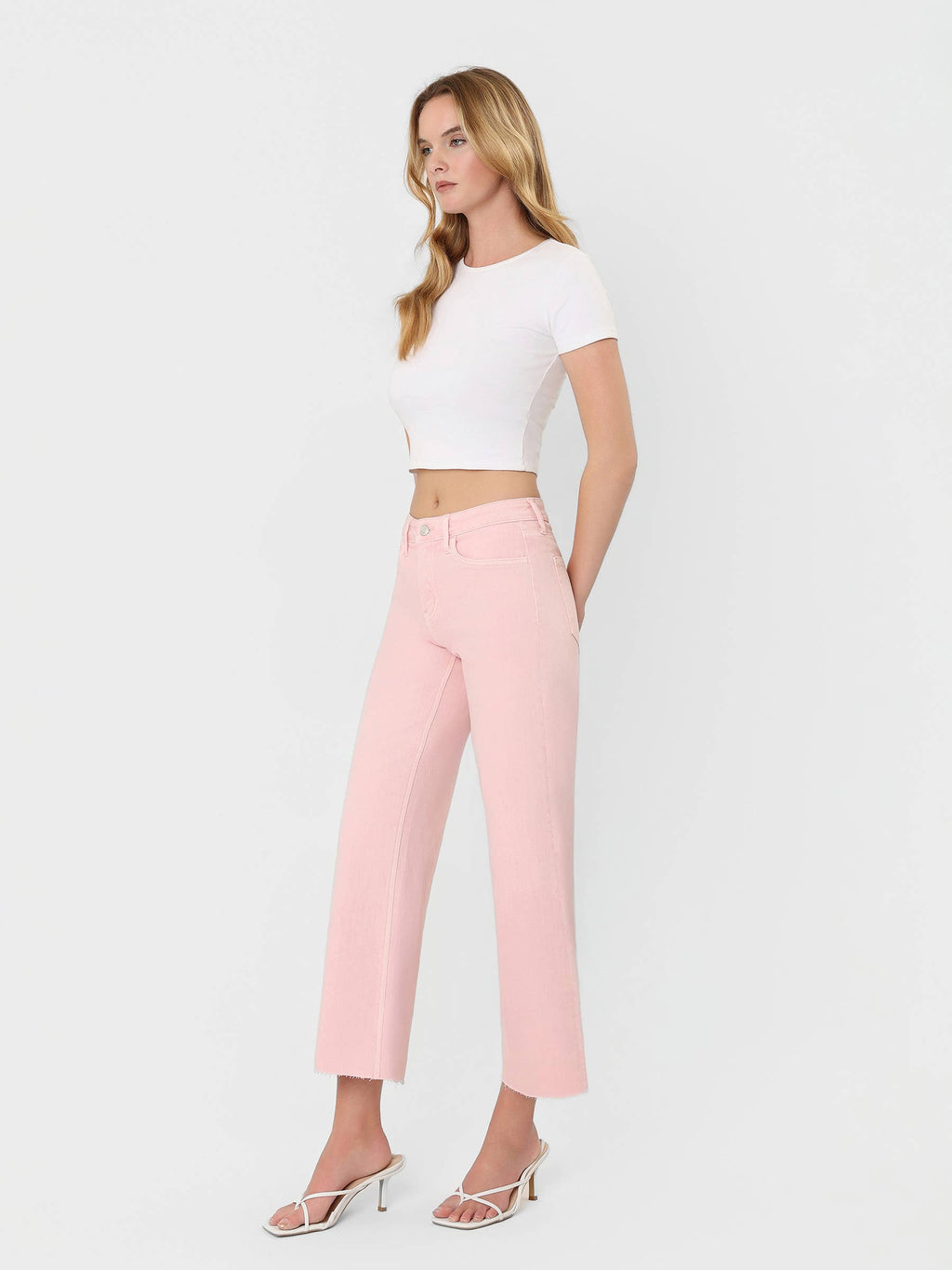 Pink Cropped Wide Leg Jeans
