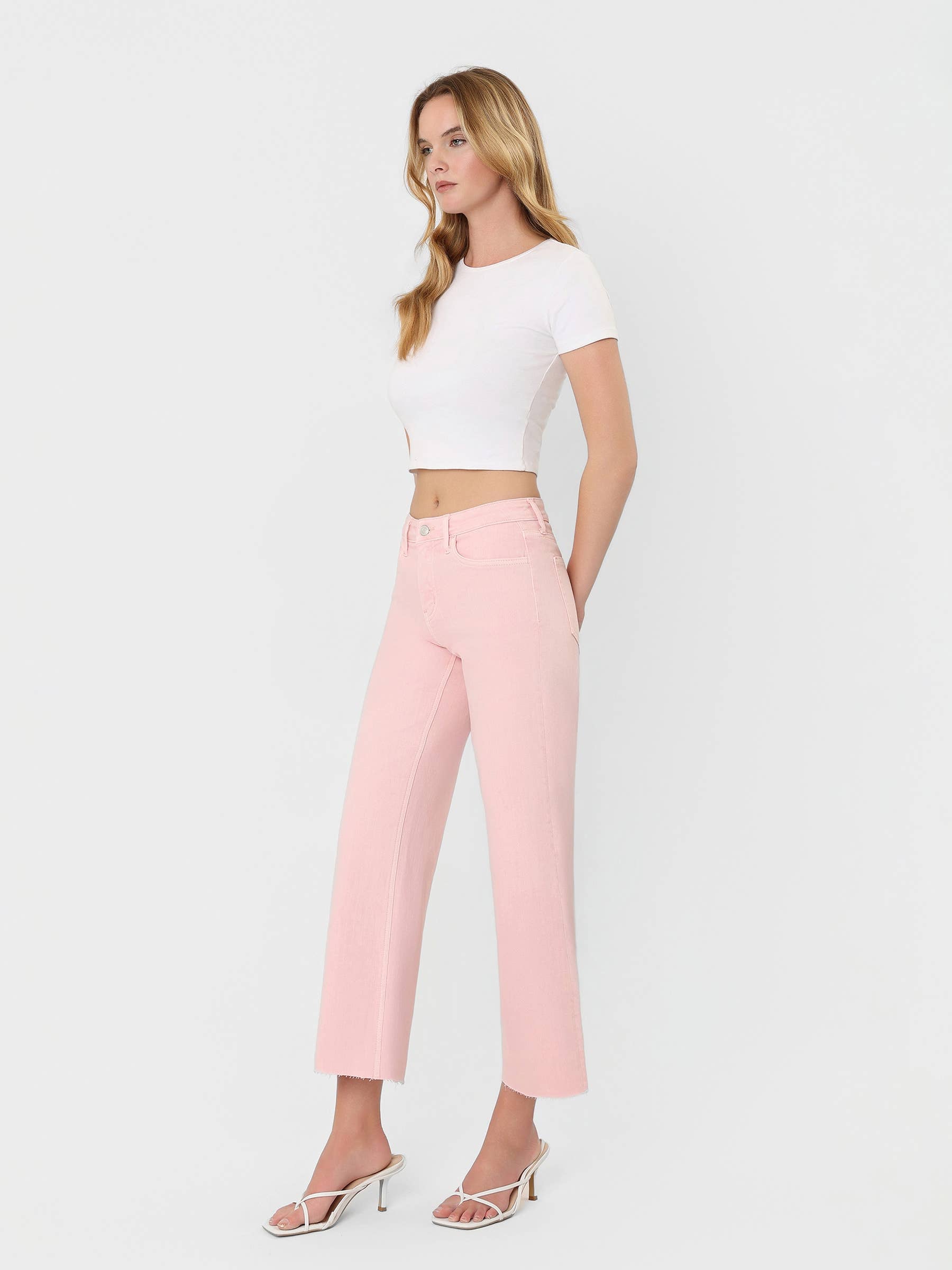 Pink Cropped Wide Leg Jeans