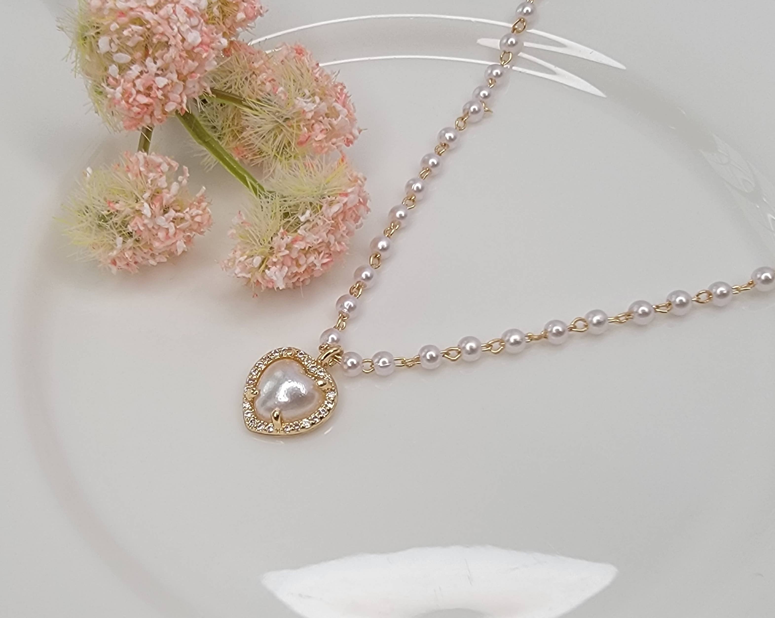 Pearl Charm w/ CZ Pendant Necklace