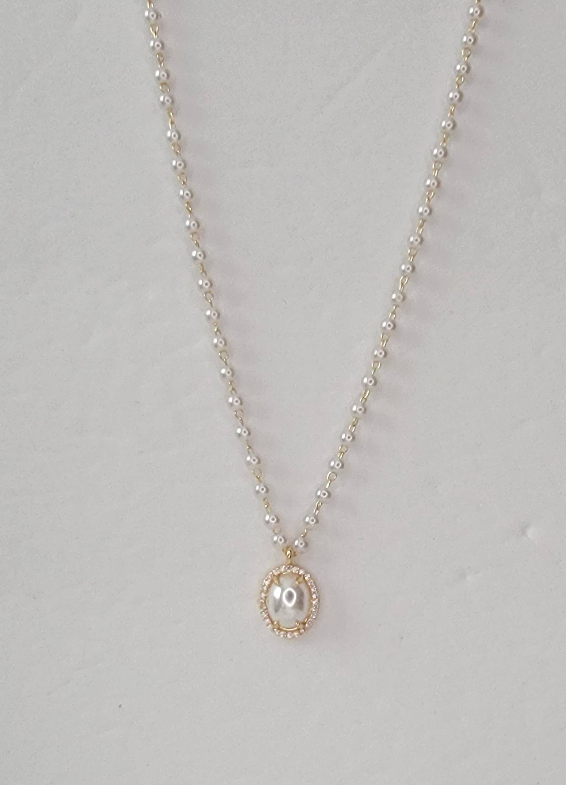 Pearl Charm w/ CZ Pendant Necklace
