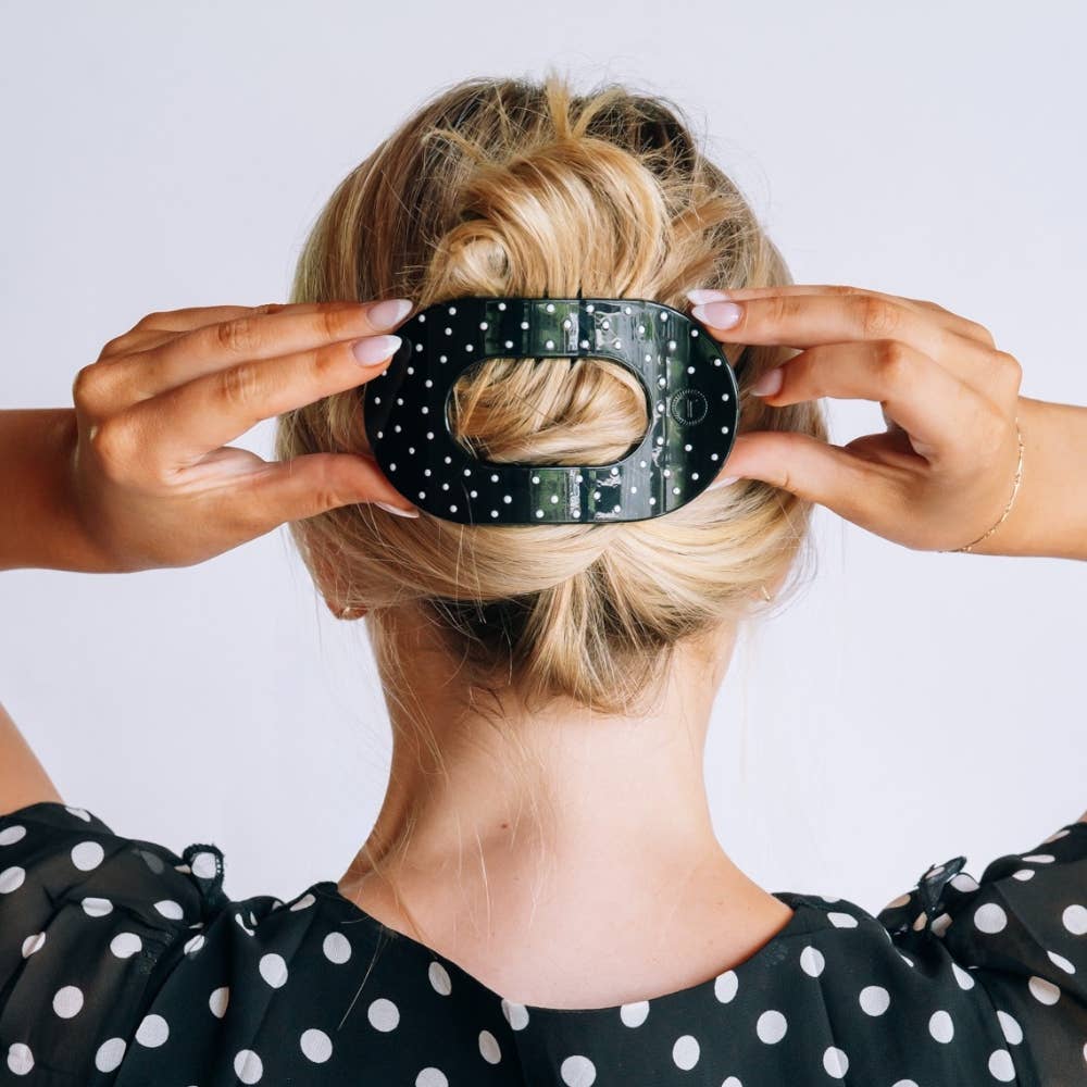 Black Polka Dot Flat Round Hair Clip| Large