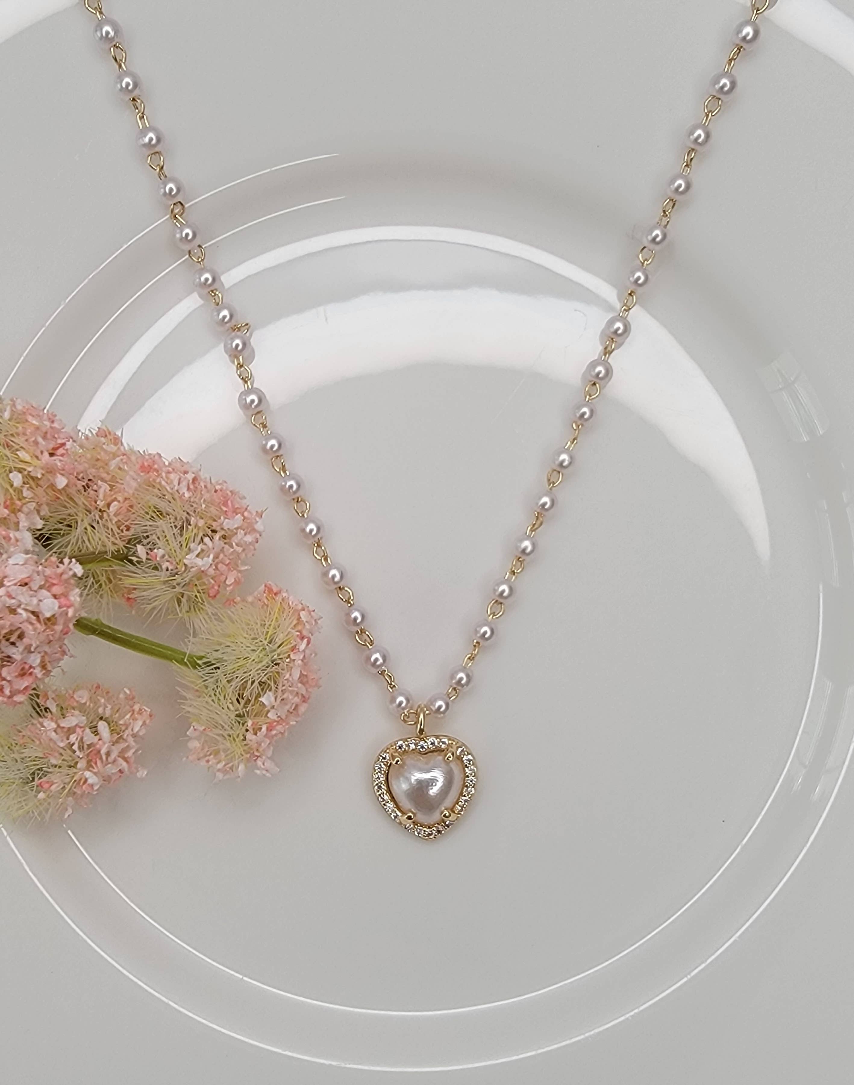 Pearl Charm w/ CZ Pendant Necklace