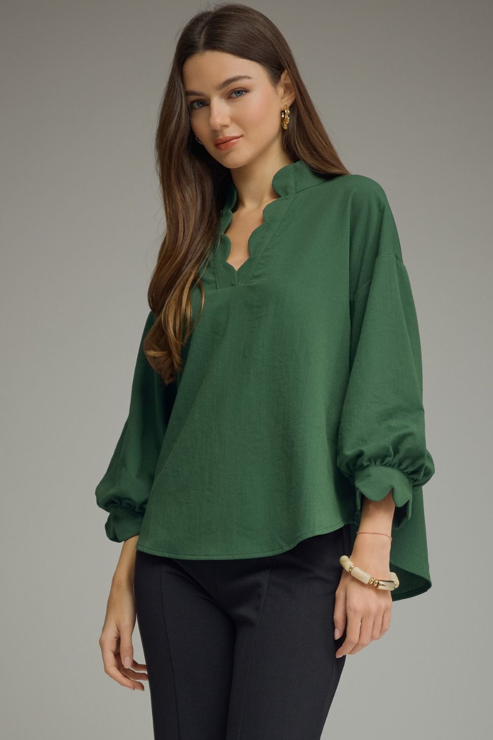 Scalloped Hunter Green Blouse