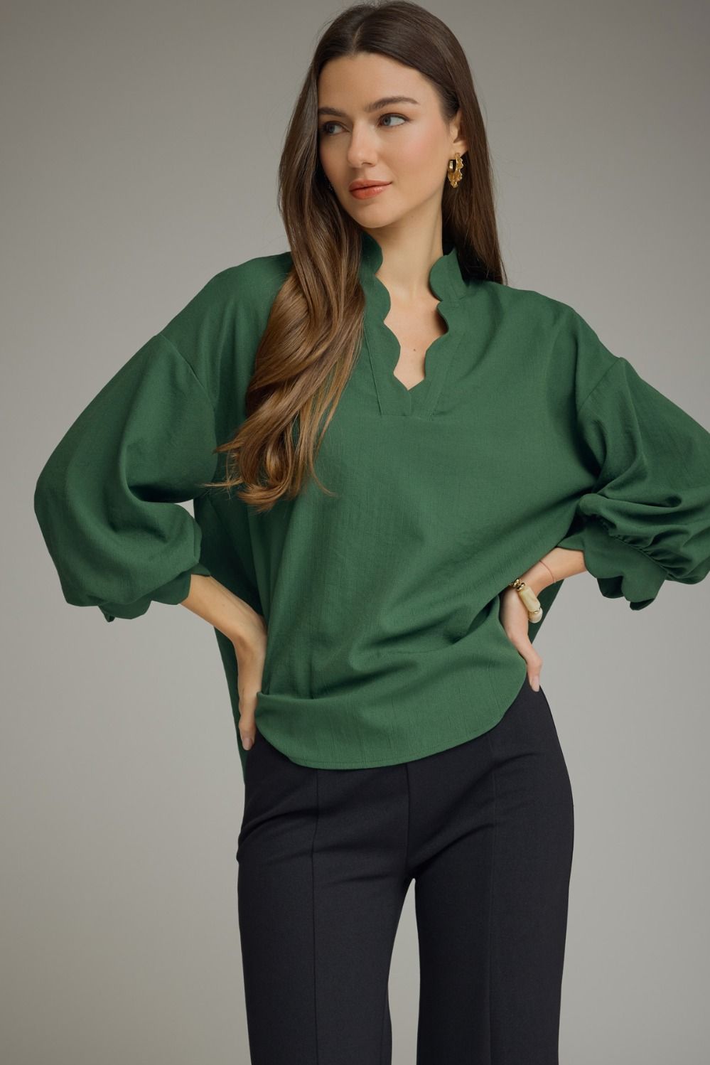 Scalloped Hunter Green Blouse