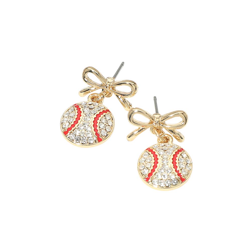 Gold Dipped Bow Rhinestone Pave Baseball Drop Dangle Earrings