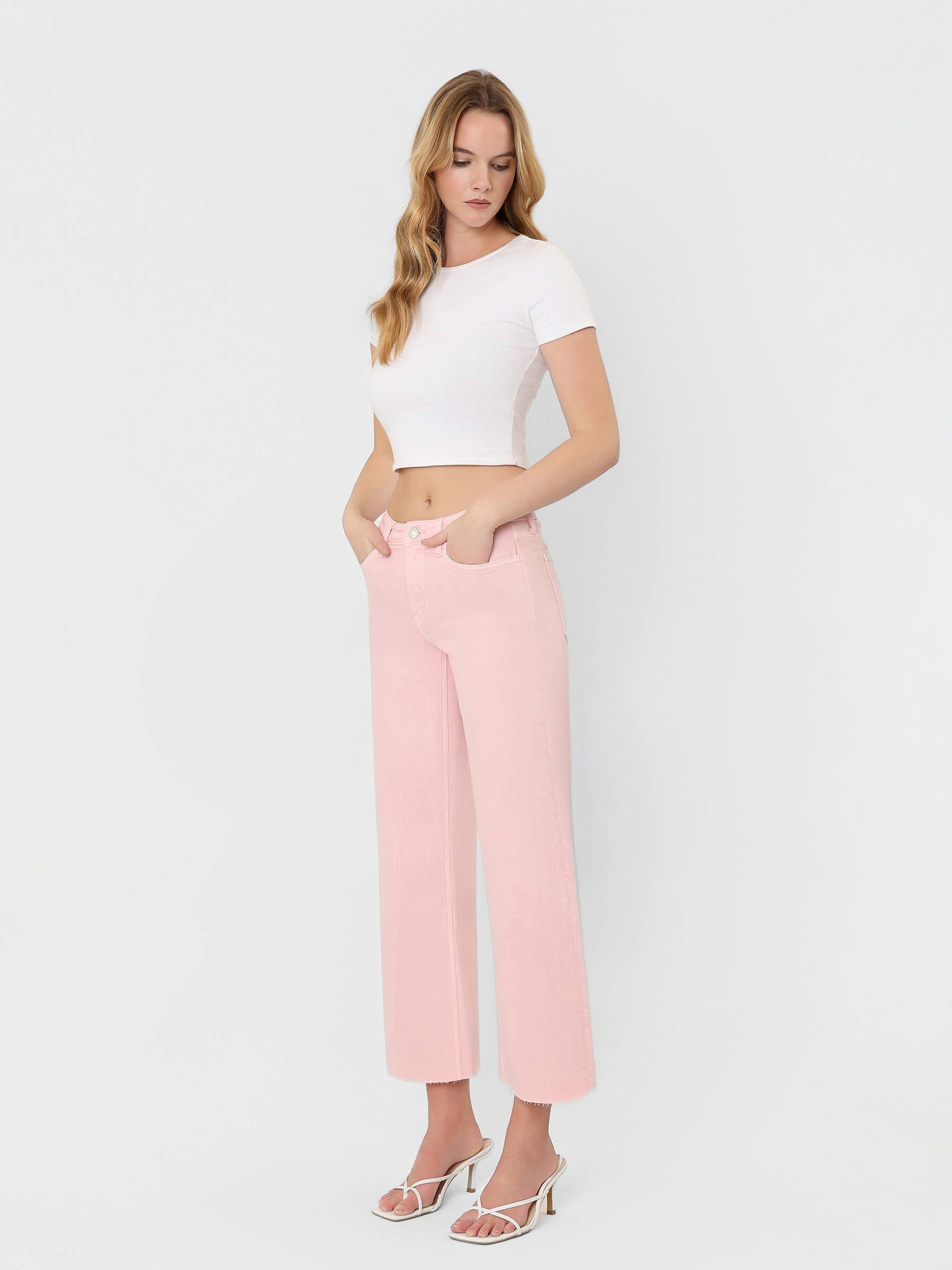 Pink Cropped Wide Leg Jeans