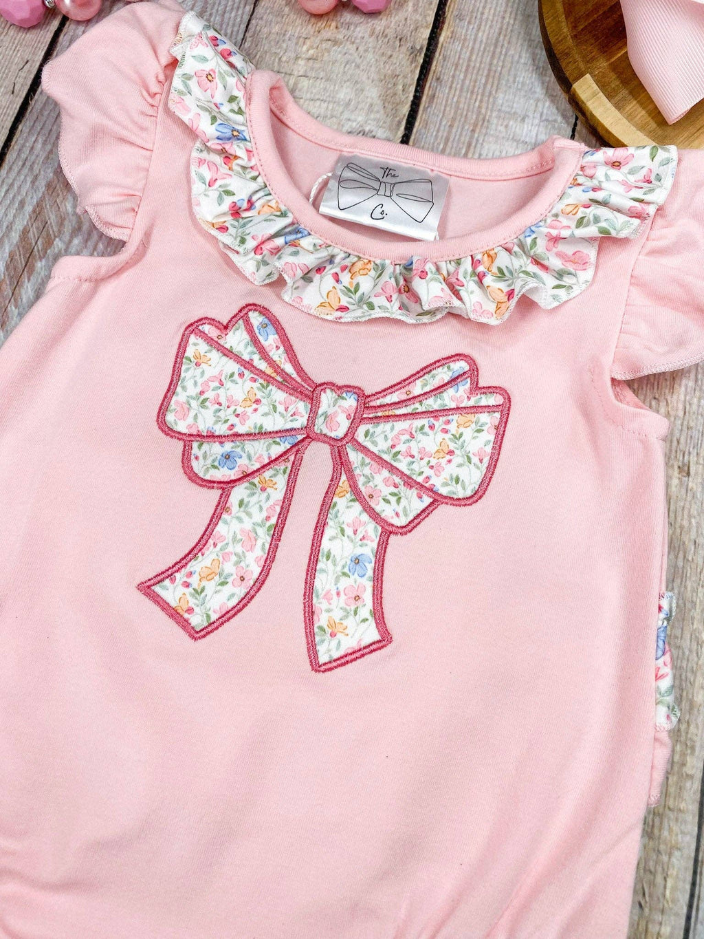 Pink Floral Bow Applique Outfit